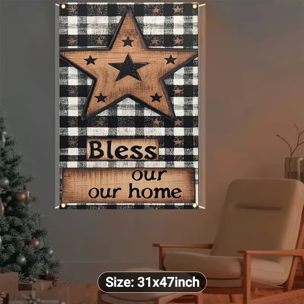 Plaid Star Wall Tapestry - Black and Brown Can Cover The Wall Or Window